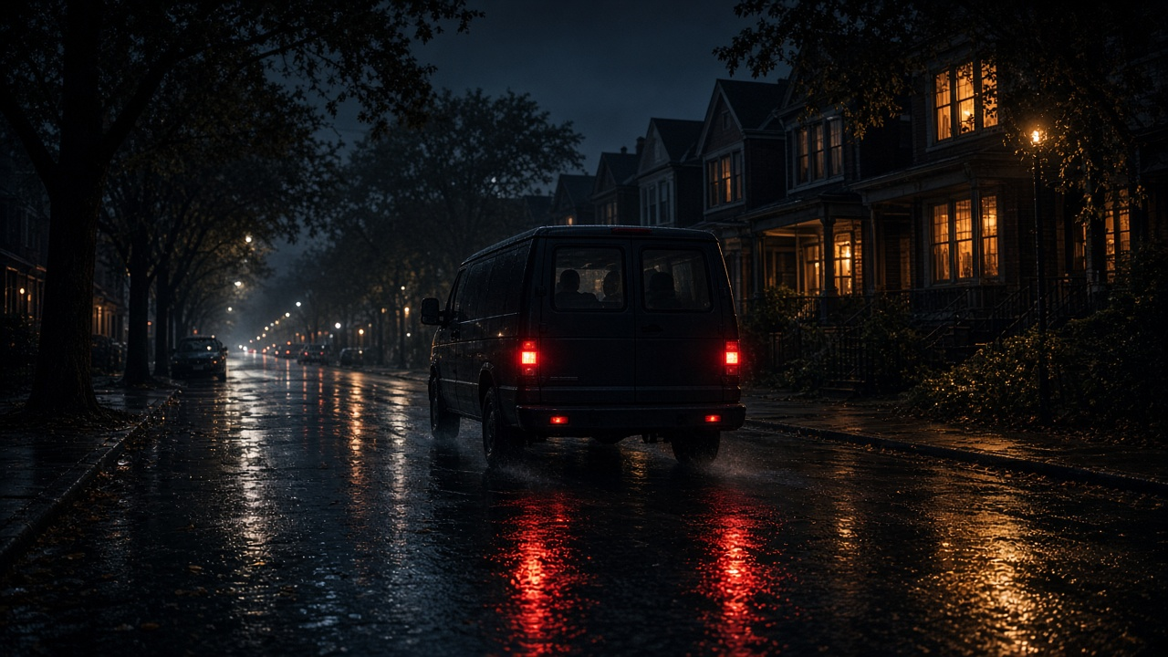 Van rolling home — taillights on a wet north-suburb street, warm house windows